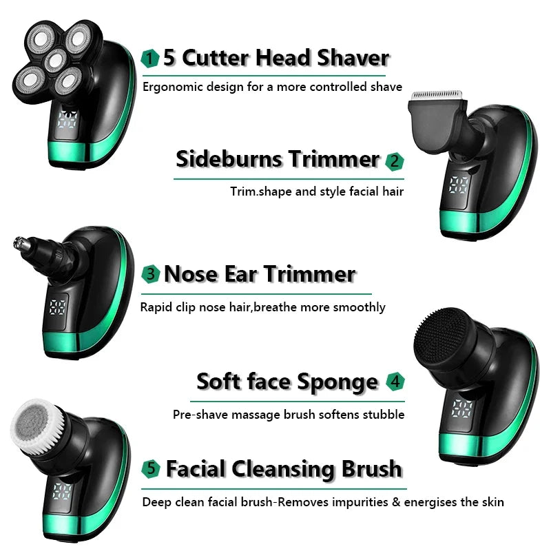 5 IN 1 Electric Trimmer for Men Beard Wet-Dry Dual Use Waterproof